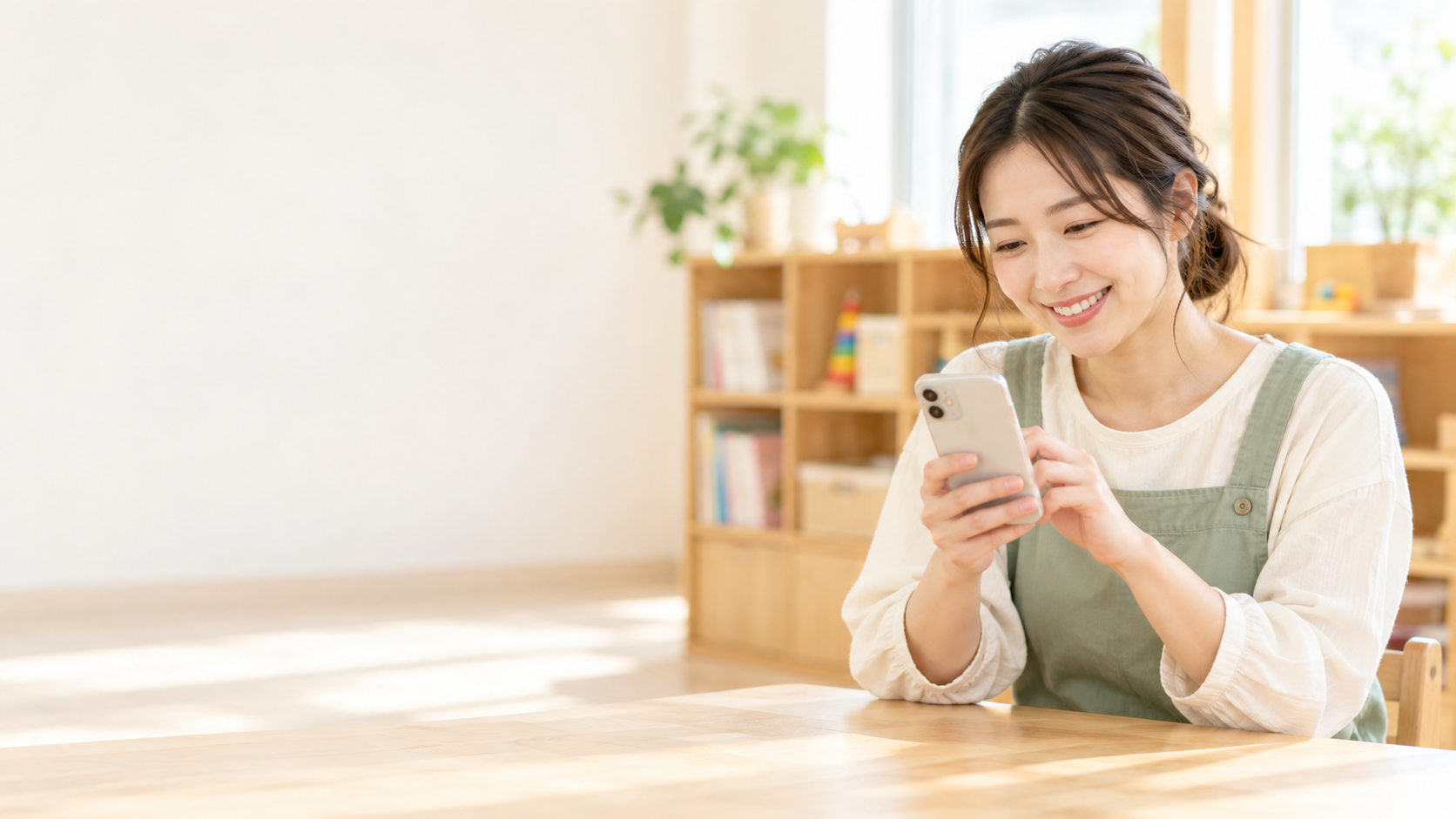 スマートフォンを見ながら、これからの働き方を考える保育士のイメージ